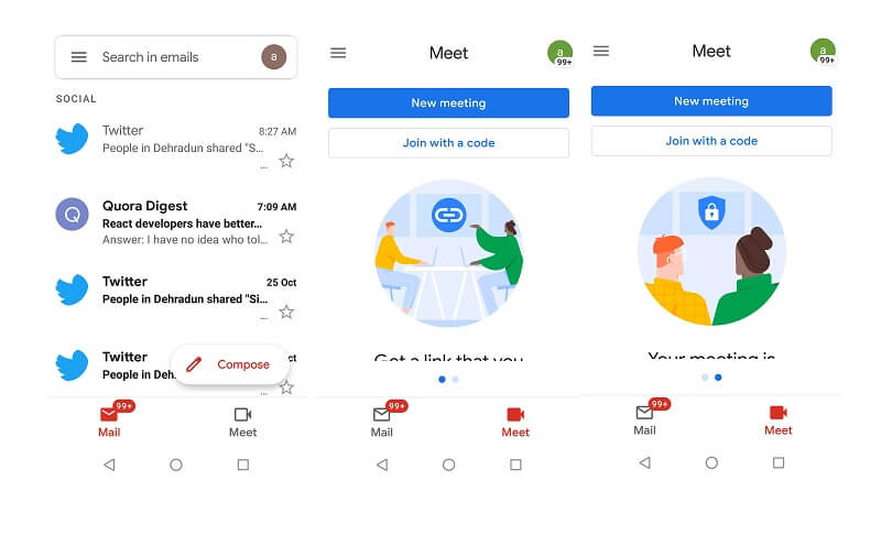 Google Meet Tab available in Gmail apps